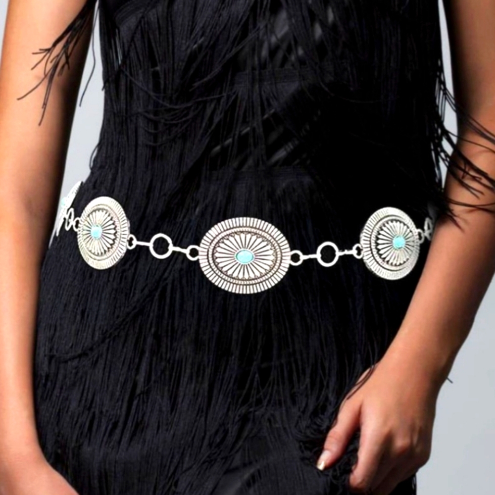 Boho Western Turquoise Stone Pointed Concho Chain Belt